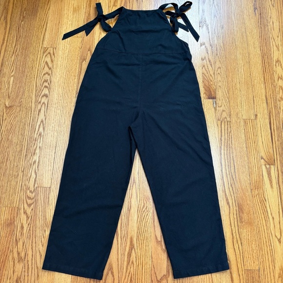 Lulus Tie Strap Beachy Linen Blend Straight Leg Preppy Black Overalls Jumpsuit L - Picture 16 of 16